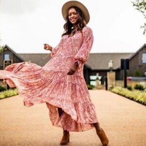 NWOT! O.P.T Anthropologie Red Boho Floral Ruffle Longsleeve Midi Dress Size M